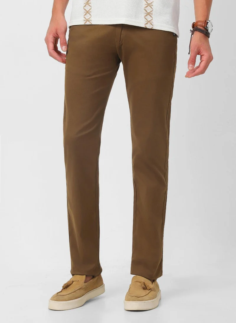 أوربانو فاشن Urbano Fashion Men's Brown Cotton Slim Fit Casual Chinos Trousers Stretch